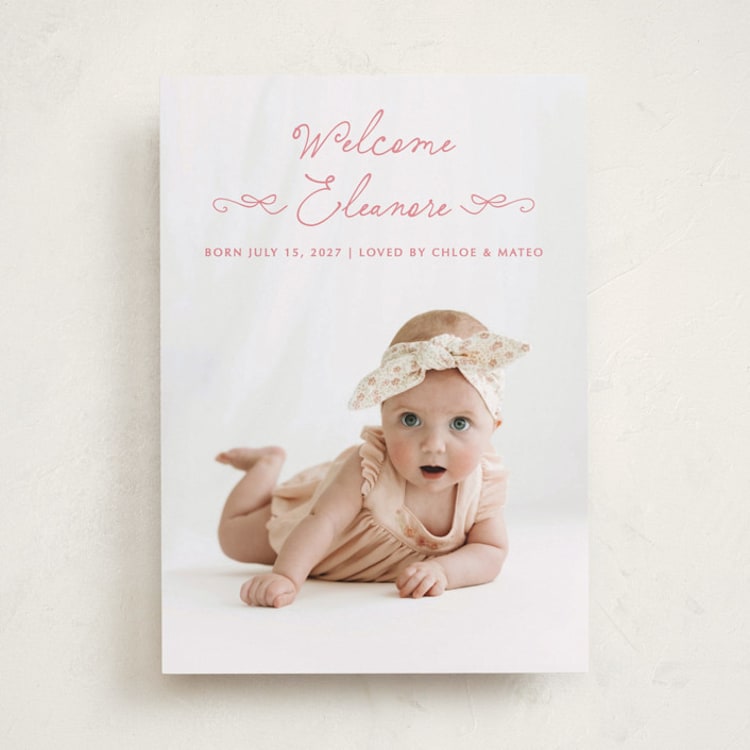 "Tiny Bow Script" - Birth Announcements in Flamingo by Jackie Crawford - Front