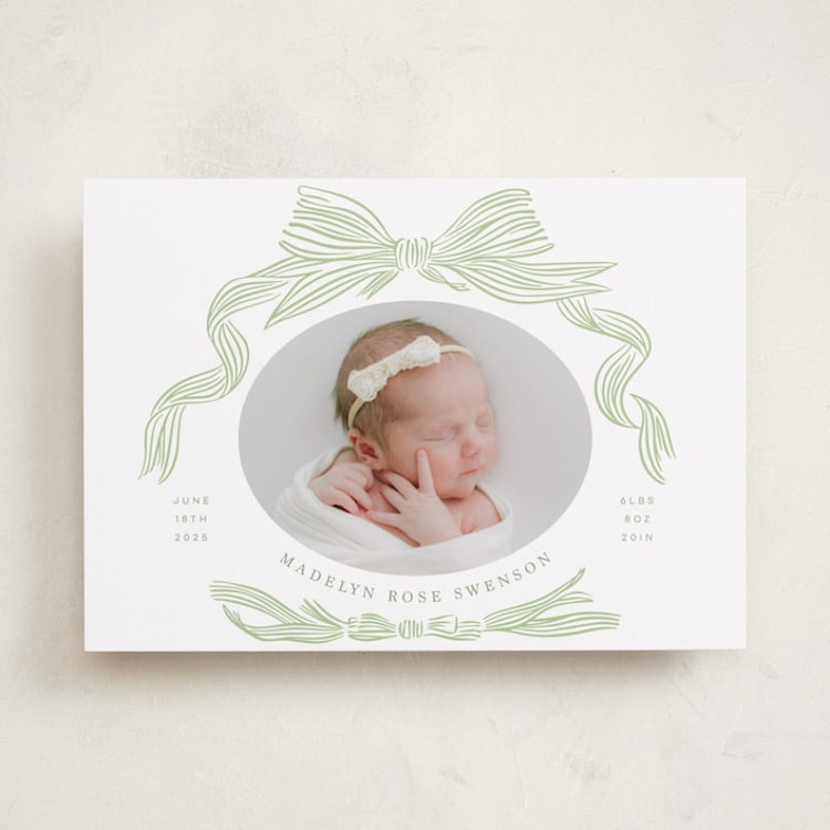 "Ribbon Bow Frame" - Birth Announcements in Mint by Stephanie Hawkes - Front