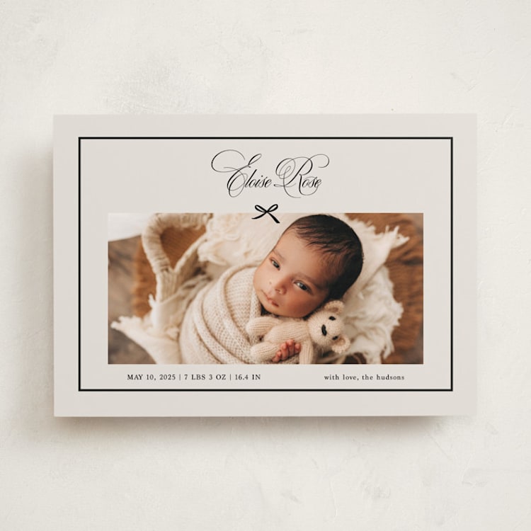 "Elegant Bow Holiday" - Birth Announcements in Charcoal by Chelsea Petaja - Front