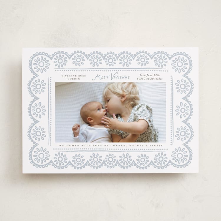 "Handdrawn Eyelet" - Birth Announcements in Cloud by Laura Hankins - Front
