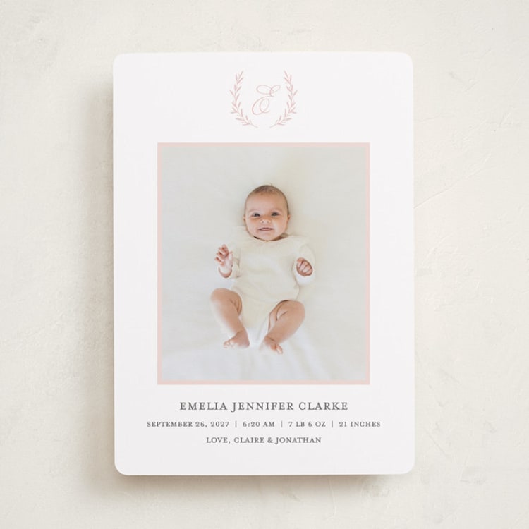 "Monogram Laurel" - Birth Announcements in Peony by Vanessa Doyle - Front