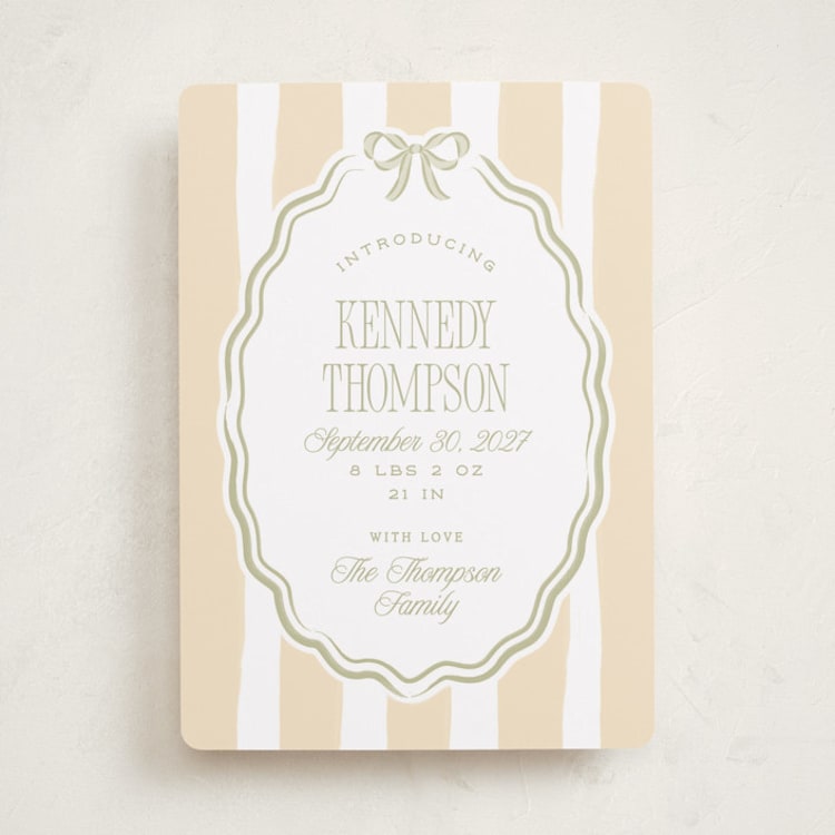 "Bow Frame" - Birth Announcements in Sage by Robert and Stella - Front