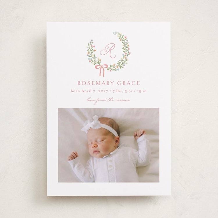 "Sweet Monogrammed Wreath" - Birth Announcements in Watermelon by Katherine Moynagh - Front