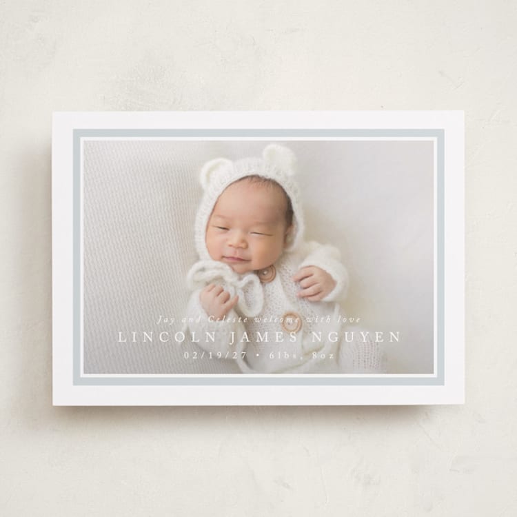 "Tailored Frame" - Birth Announcements in Soft Sky by Olivia Raufman - Front