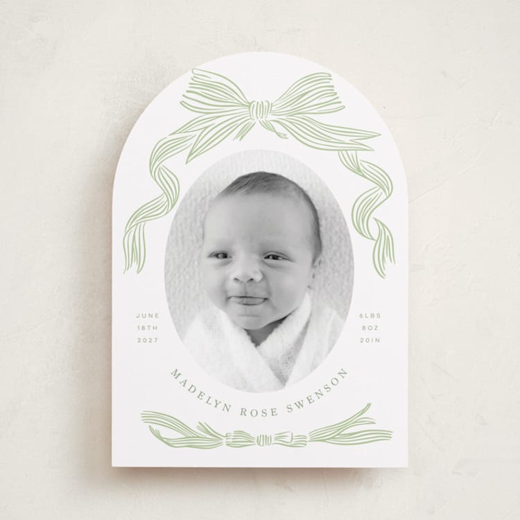 "Ribbon Bow Frame" - Birth Announcements in Mint by Stephanie Hawkes - Front