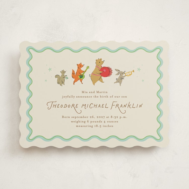 "Woodland Jamboree" - Birth Announcements in Sage by Jackie Crawford - Front