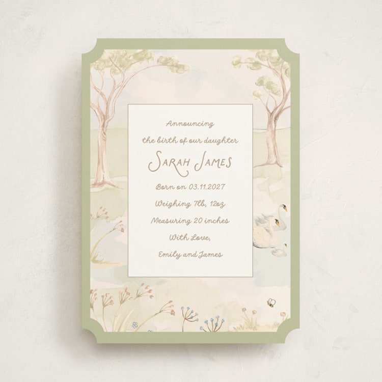 "Dreamy Lake" - Birth Announcements in Sage by Teju Reval - Front