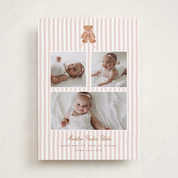 "Teddy Bear Stripes" - Birth Announcements in Pinky by Erin German - Front
