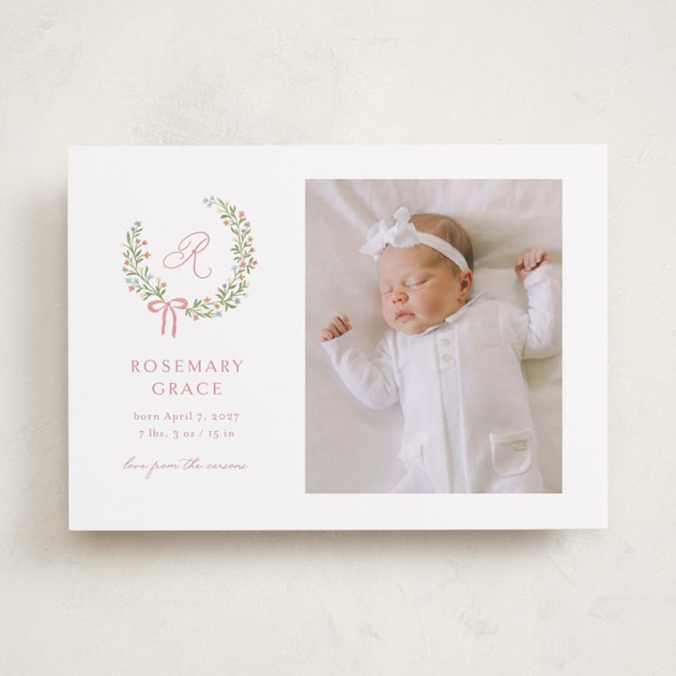 "Sweet Monogrammed Wreath" - Birth Announcements in Watermelon by Katherine Moynagh - Front