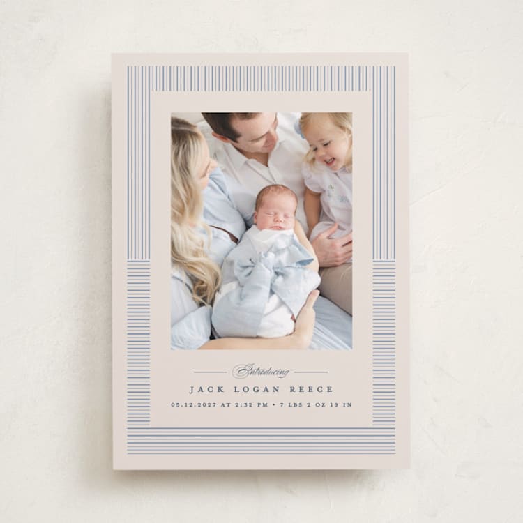 "Petite Pinstripe" - Birth Announcements in Cornflower by Erica Krystek - Front