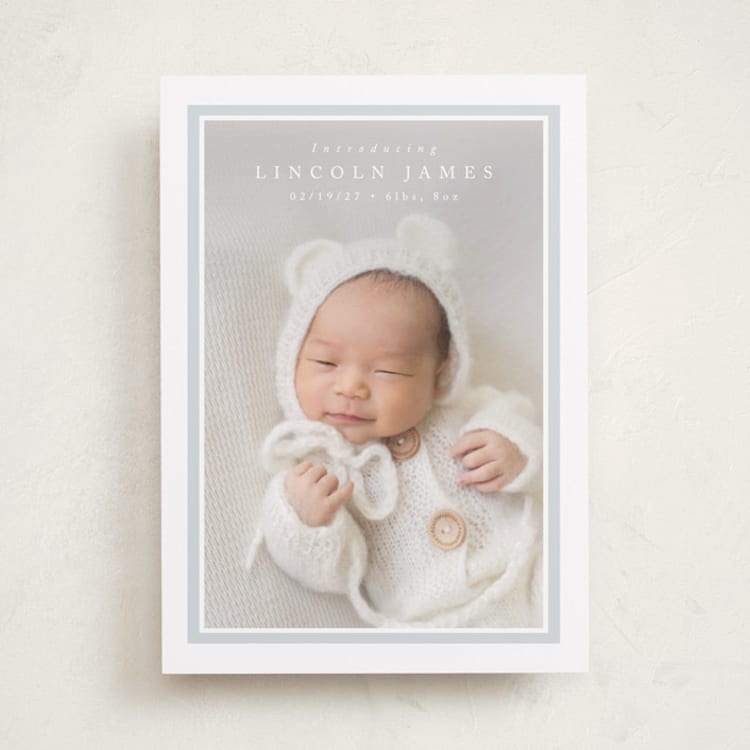 "Tailored Frame" - Birth Announcements in Soft Sky by Olivia Raufman - Front