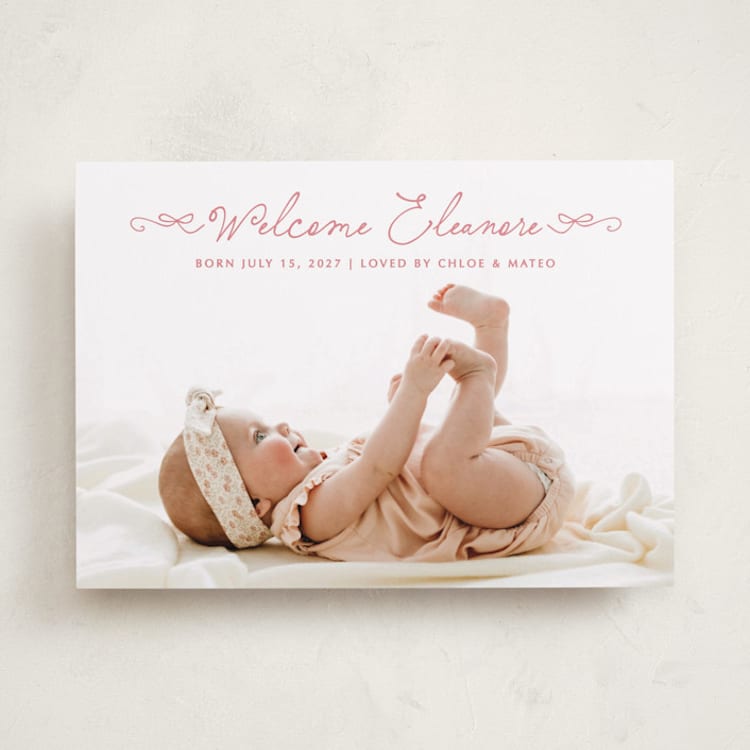 "Tiny Bow Script" - Birth Announcements in Flamingo by Jackie Crawford - Front