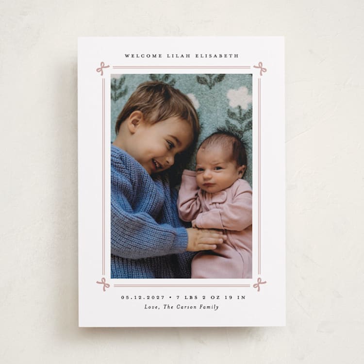 "Bow Frame" - Birth Announcements in Mauve by Erica Krystek - Front