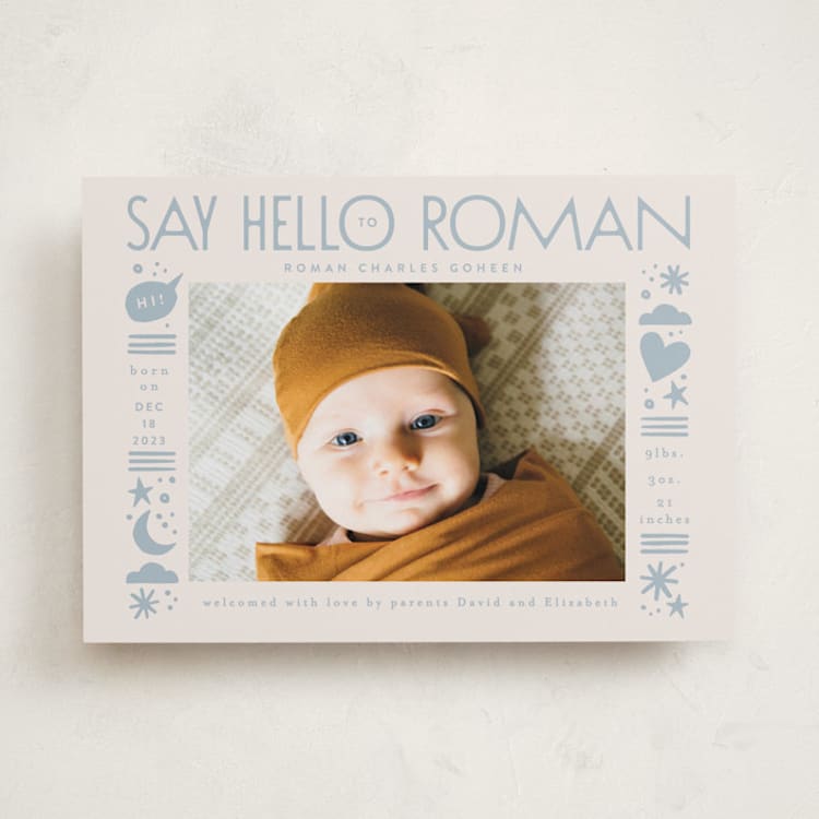"Quirky Hello" - Birth Announcements in Powder Blue by Alethea and Ruth - Front