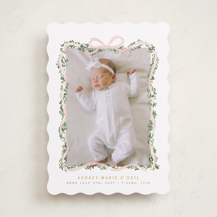 "Ribbonly Frame" - Birth Announcements in Blush by Itsy Belle Studio - Front