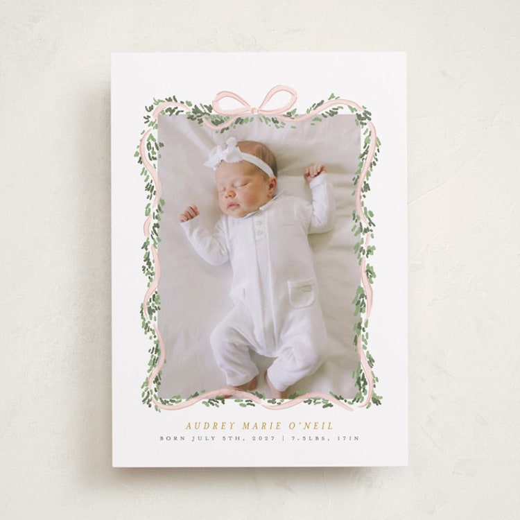 "Ribbonly Frame" - Birth Announcements in Blush by Itsy Belle Studio - Front