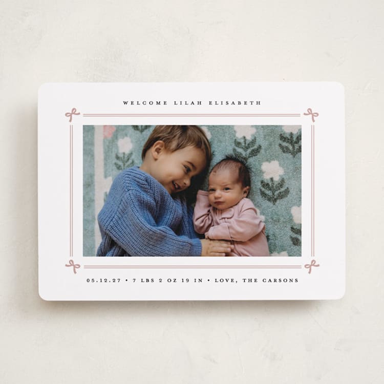 "Bow Frame" - Birth Announcements in Mauve by Erica Krystek - Front