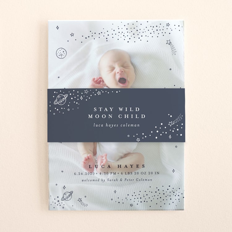 "Out of this World" - Birth Announcement Belly Bands in Navy by Monika Torun - Front