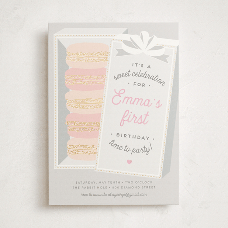 "Macaron Parlor" - Children's Birthday Party Invitations in Mist by Jennifer Lew - Front
