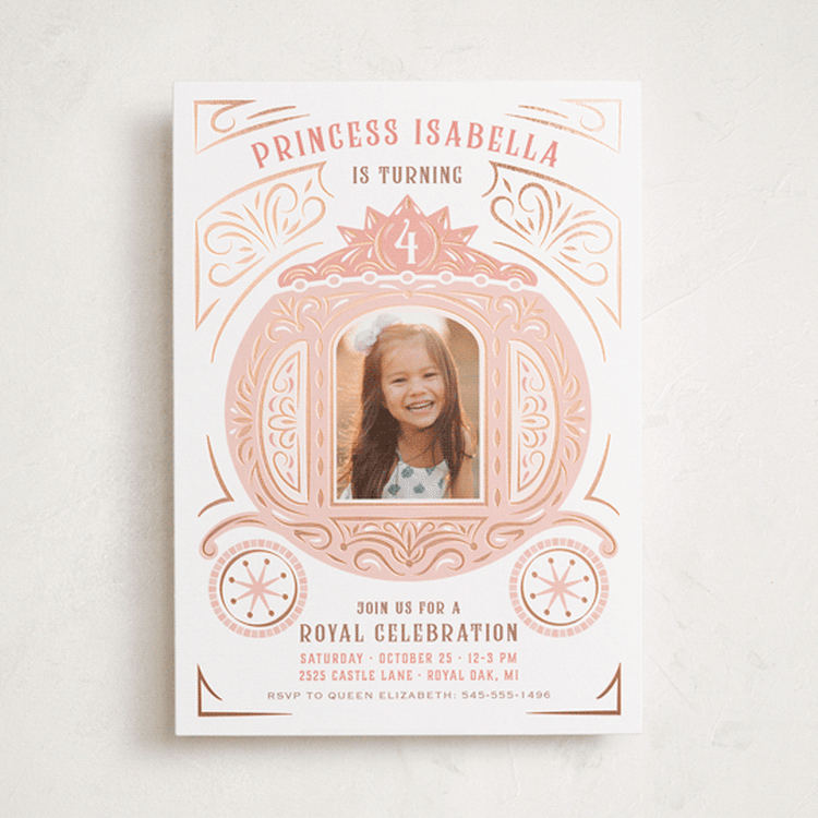 "Princess Carriage" - Children's Birthday Party Invitations in Ballerian Pink by Paper Sun Studio - Front