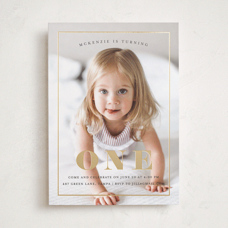 "Turning One" - Children's Birthday Party Invitations in Ebony by Kasia Labocki - Front