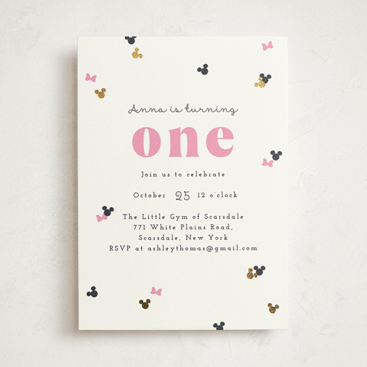 "Disney's Minnie Mouse Confetti" - Children's Birthday Party Invitations in Peony by Annie Holmquist - Front