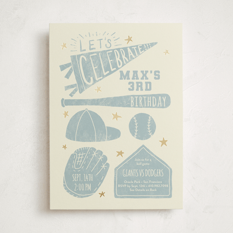 "Baseball Birthday" - Children's Birthday Party Invitations in Sky by Rebekah Canavan - Front