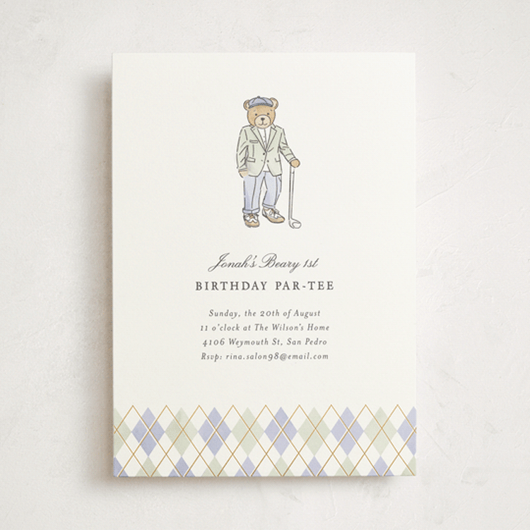 "Beary First Par-Tee" - Children's Birthday Party Invitations in Sage by Becky Nimoy - Front