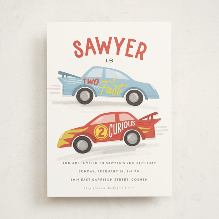 "Two Fast" - Children's Birthday Party Invitations in Racing Red by Jessie Steury - Front
