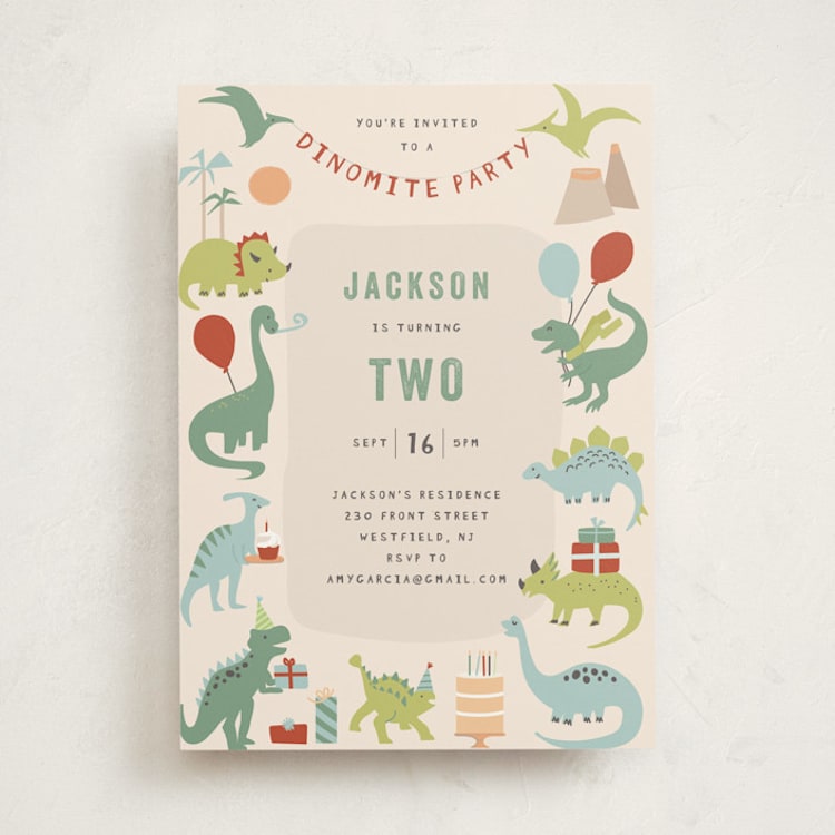 "Dino Party" - Children's Birthday Party Invitations in Sand by Teju Reval - Front