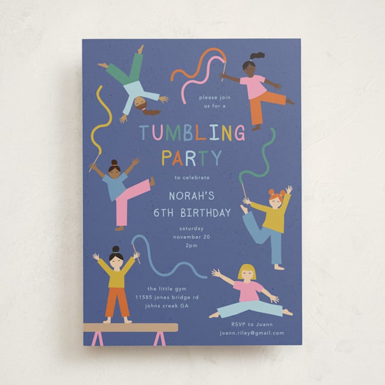 "Tumbling Party" - Children's Birthday Party Invitations in Blueberry by Kelly Watkins - Front