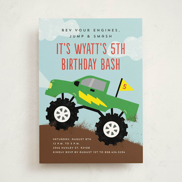 "Monster Truck" - Children's Birthday Party Invitations in Lime by Erica Krystek - Front