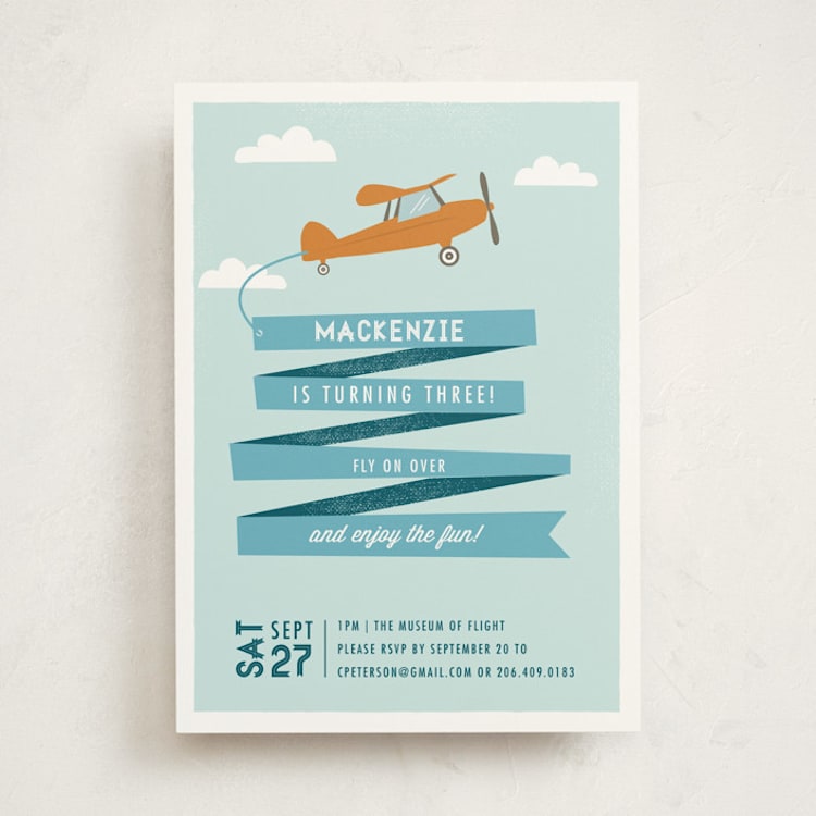 "Airplane News Stream" - Children's Birthday Party Invitations in Sky by Karidy Walker - Front