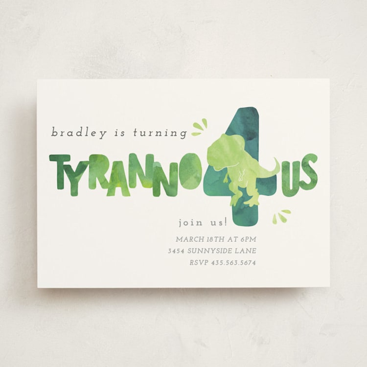 "Dino Party" - Children's Birthday Party Invitations in Lime by Cindy Denning - Front