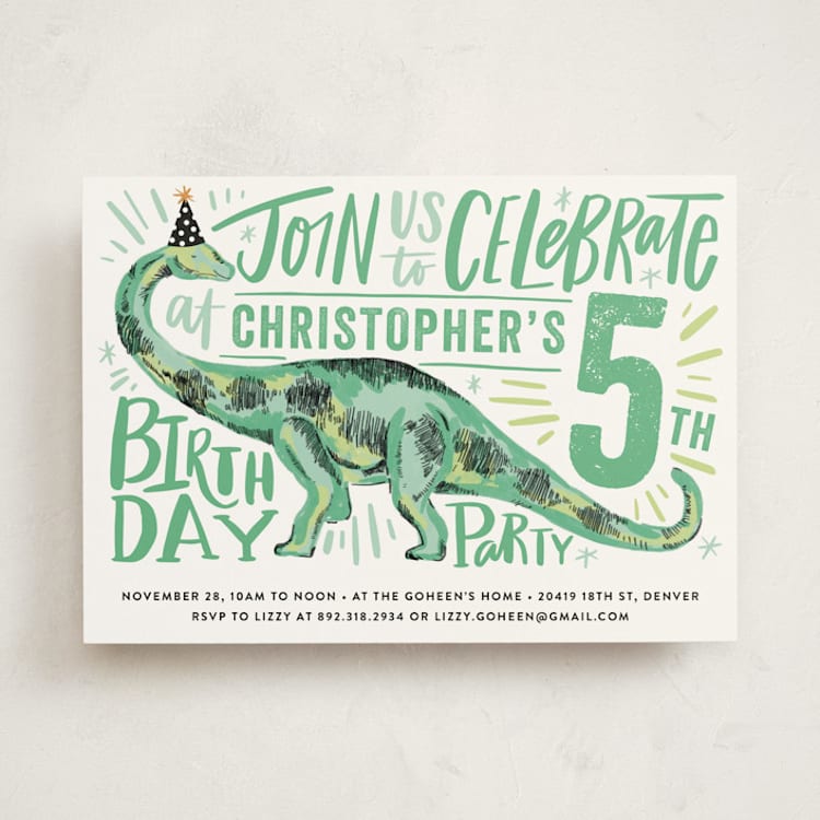 "Dino Party Hat" - Children's Birthday Party Invitations in Fern by Alethea and Ruth - Front