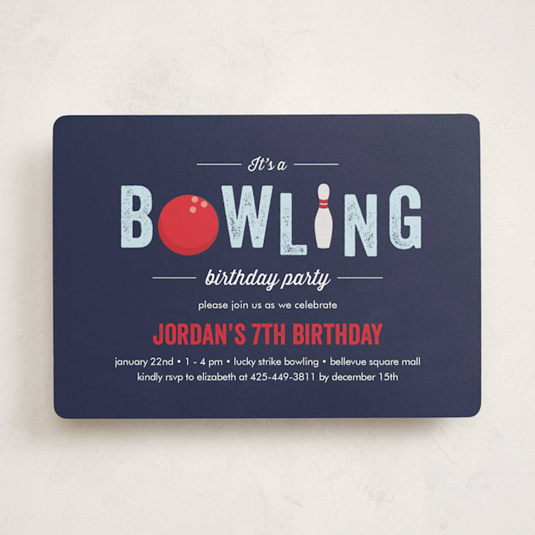 "Bowling birthday party" - Children's Birthday Party Invitations in Blue Slate by Anupama - Front