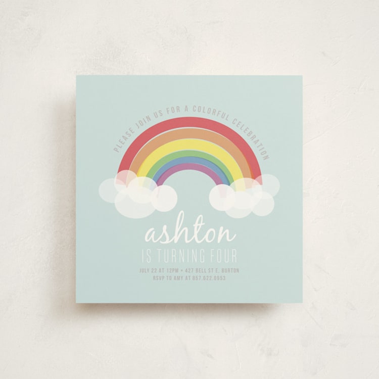 "Rainbow Celebration" - Children's Birthday Party Invitations in Soft Teal by Angela Garrick - Front
