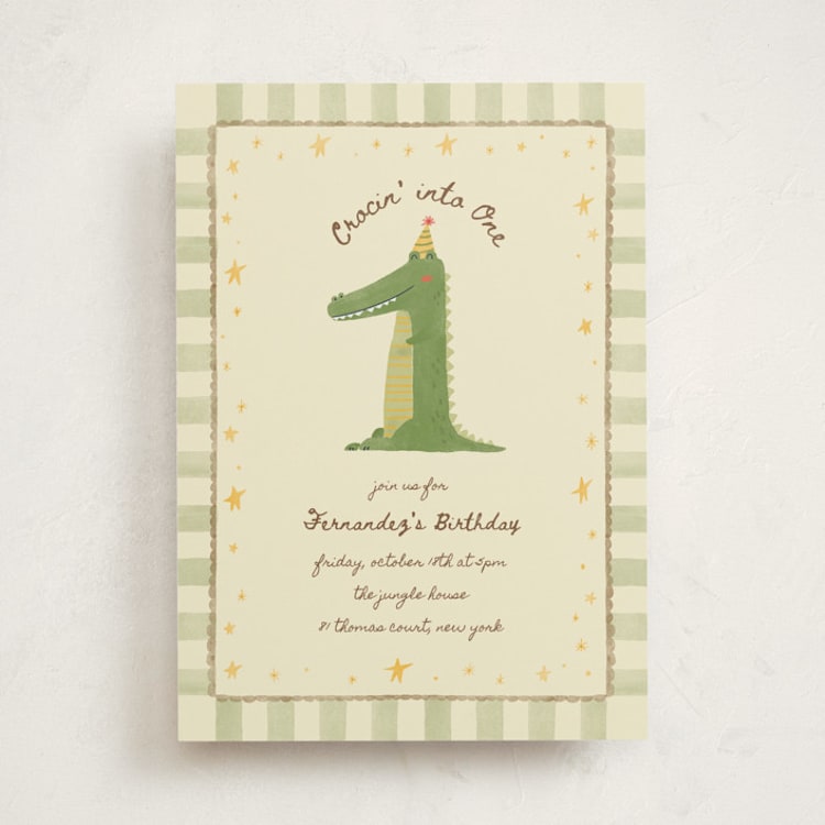 "Crocin' into One" - Children's Birthday Party Invitations in Wasabi by Zove Ahhh - Front