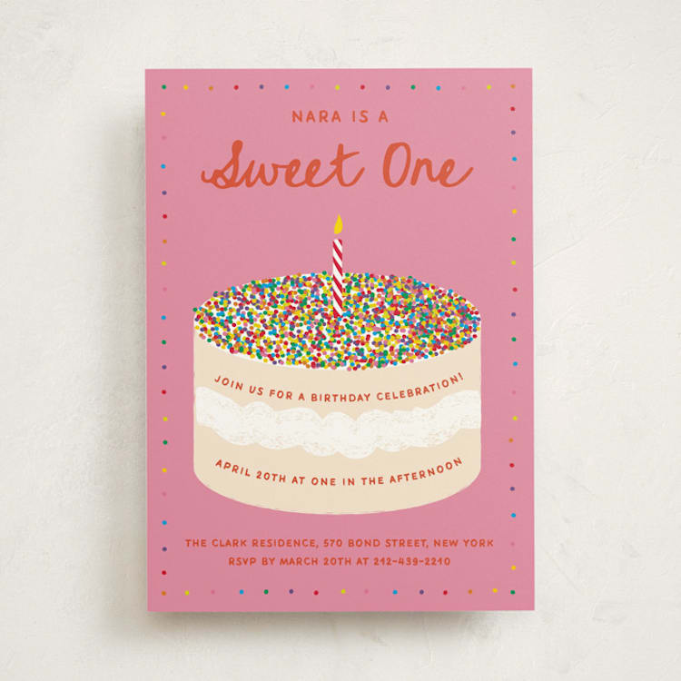 "Dot Cake" - Children's Birthday Party Invitations in Strawberry by Jennifer Lew - Front