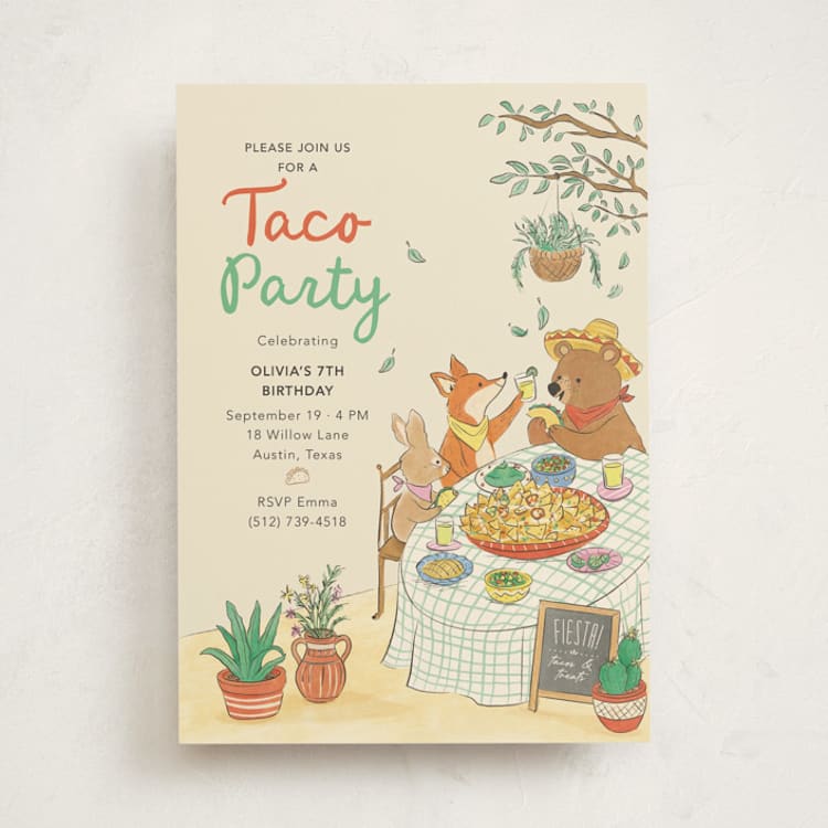 "Taco Party Pals" - Children's Birthday Party Invitations in Chile Red by Sabrin Deirani - Front