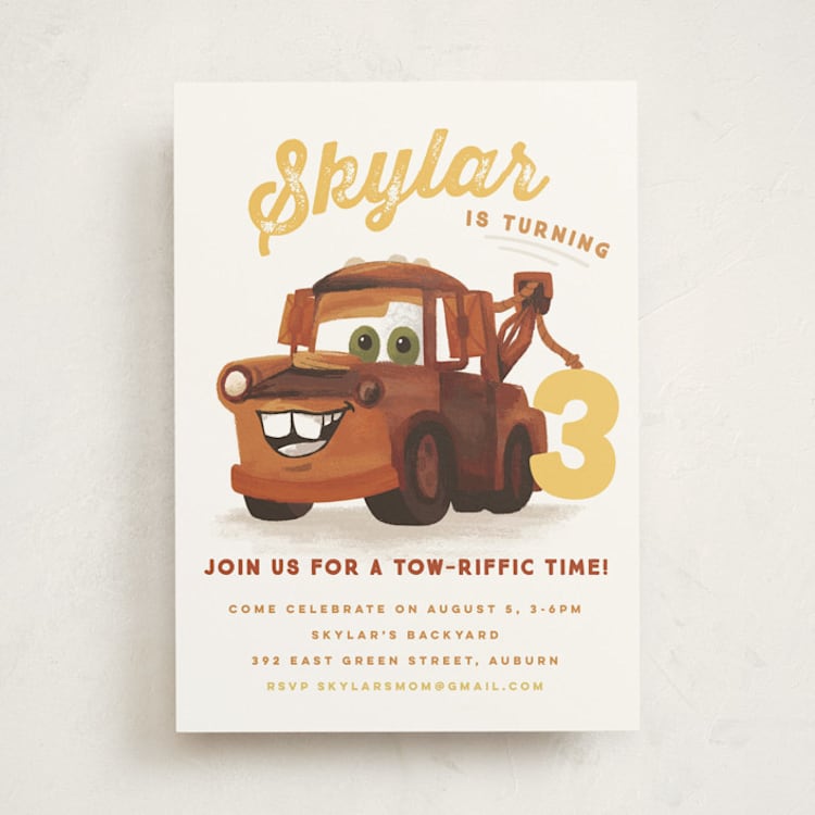 "Disney and Pixar's Tow-riffic Mater" - Children's Birthday Party Invitations in Pearl by Jessie Steury - Front