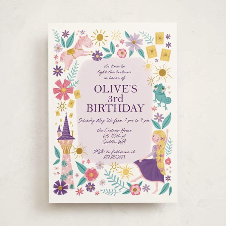 "Disney's Tangled Floral Birthday Invite" - Children's Birthday Party Invitations in Lilac by Katherine Dietz - Front