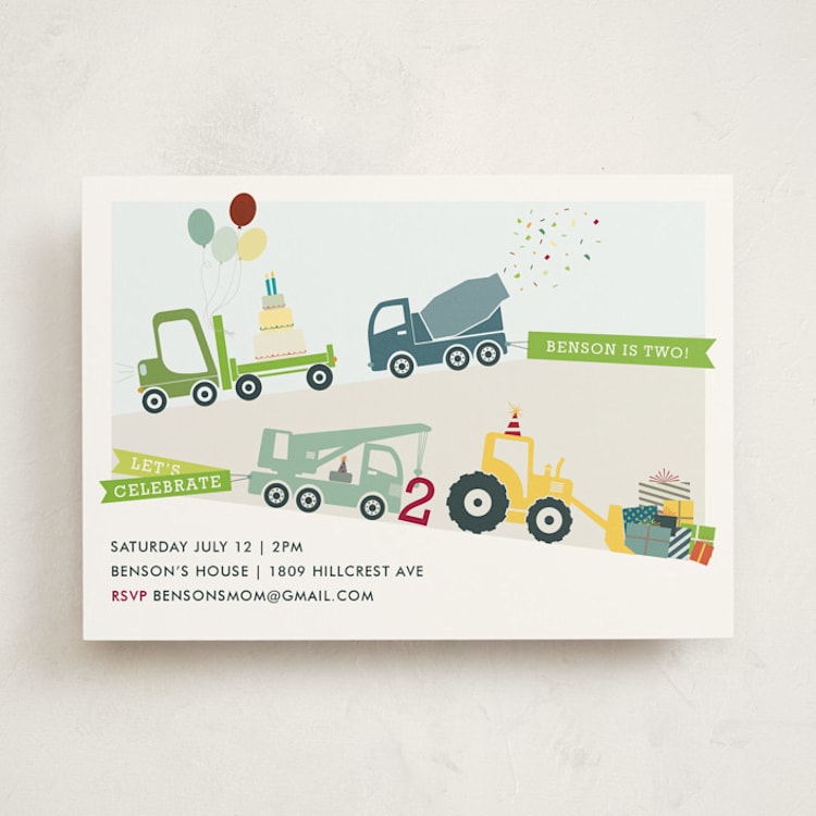 "Trucks on Parade" - Children's Birthday Party Invitations in Grass by Rebecca Bowen - Front