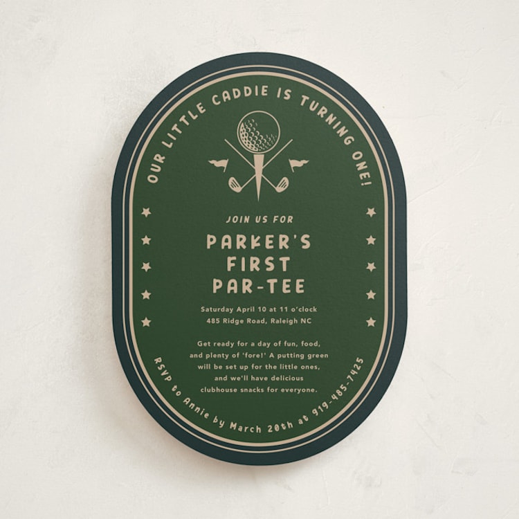 "Par-Tee" - Children's Birthday Party Invitations in Evergreen by Susan Zinader - Front