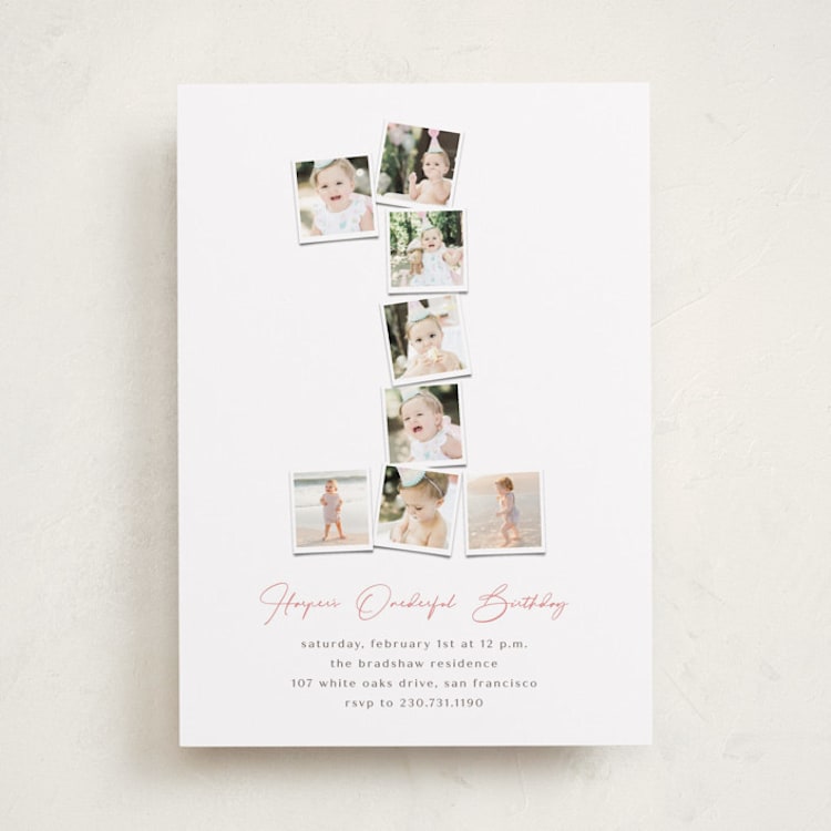 "Polaroid Big Number 1" - Children's Birthday Party Invitations in Peony by fatfatin - Front