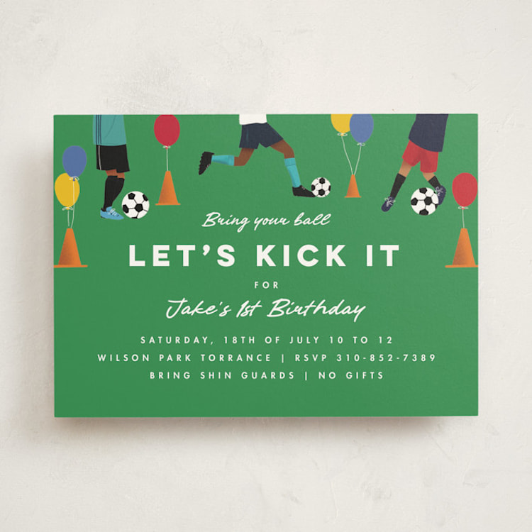 "Kick It Soccer Ball" - Children's Birthday Party Invitations in Grass by Becky Nimoy - Front