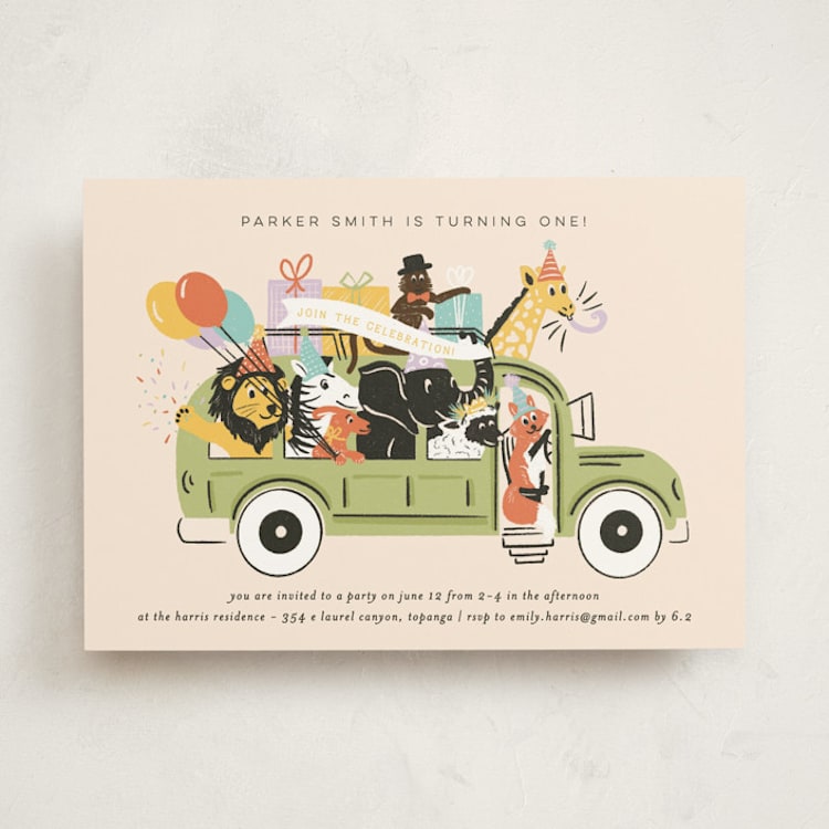 "Birthday Bus" - Children's Birthday Party Invitations in Sour Apple by Shiny Penny Studio - Front