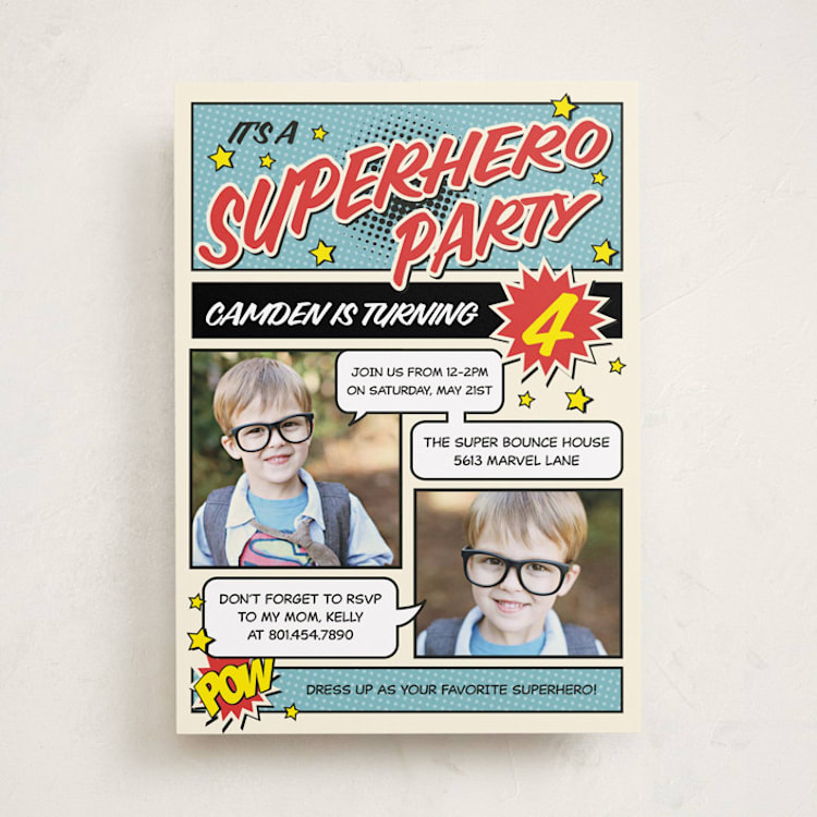 "Superhero Birthday Party" - Children's Birthday Party Invitations in Steel by Nam Bourassa - Front