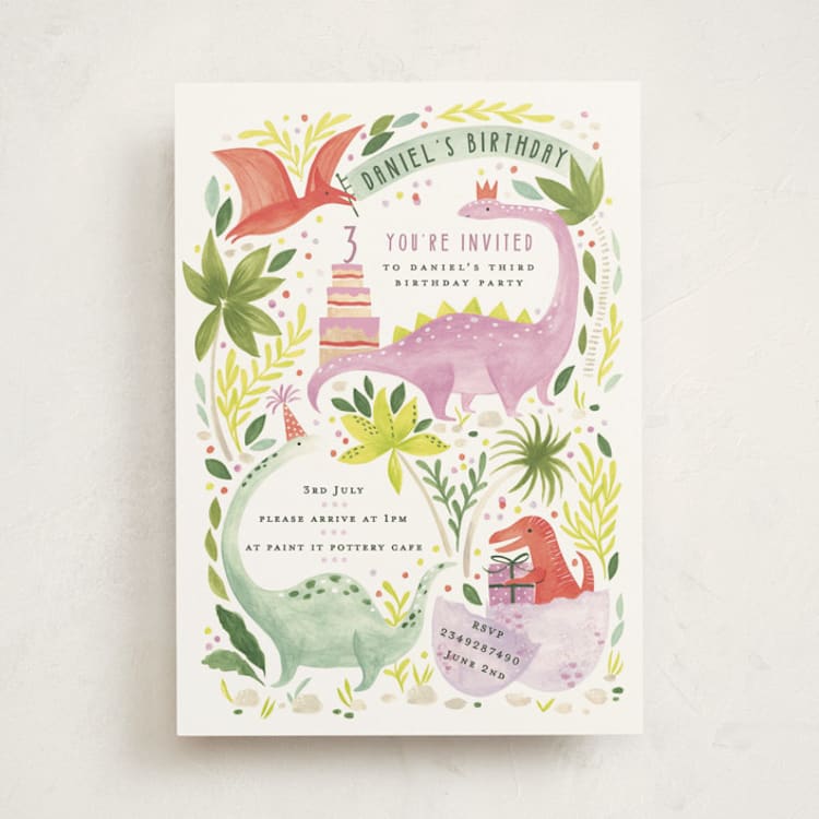 "Party Dinos" - Children's Birthday Party Invitations in Forest by Sarah Knight - Front
