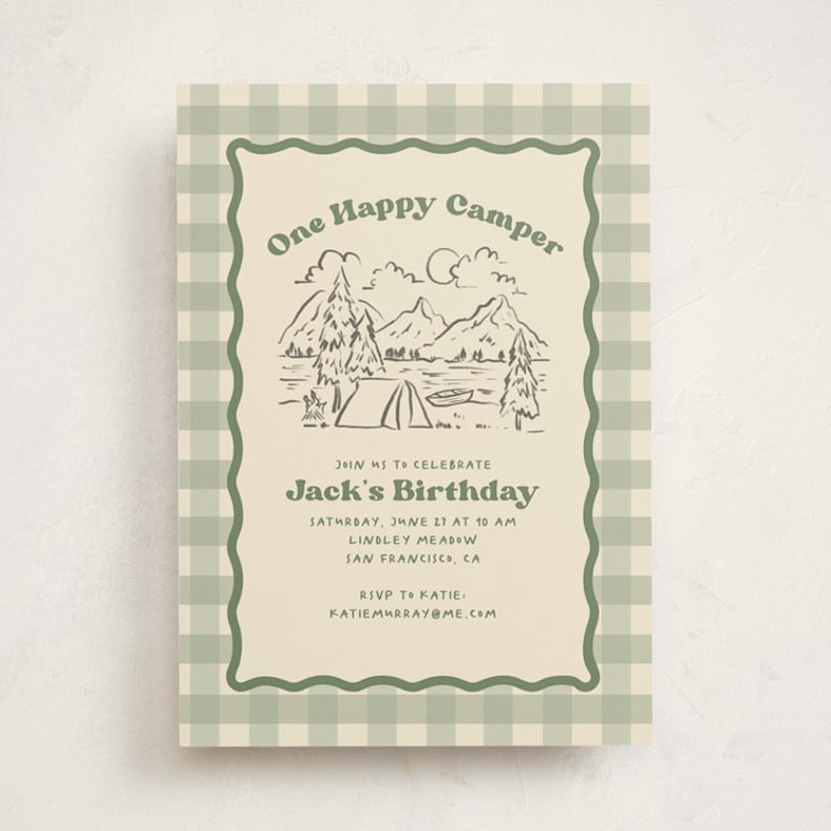"One Happy Camper" - Children's Birthday Party Invitations in Sage by Creo Study - Front